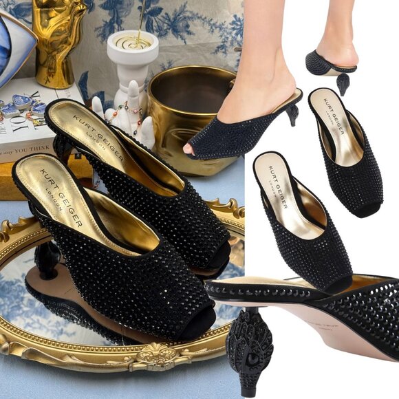 🆕 KURT GEIGER LONDON 🧿 NWOB 60mm Black Crystal Eagle Heel Mule, Sz 36.5 US6.5